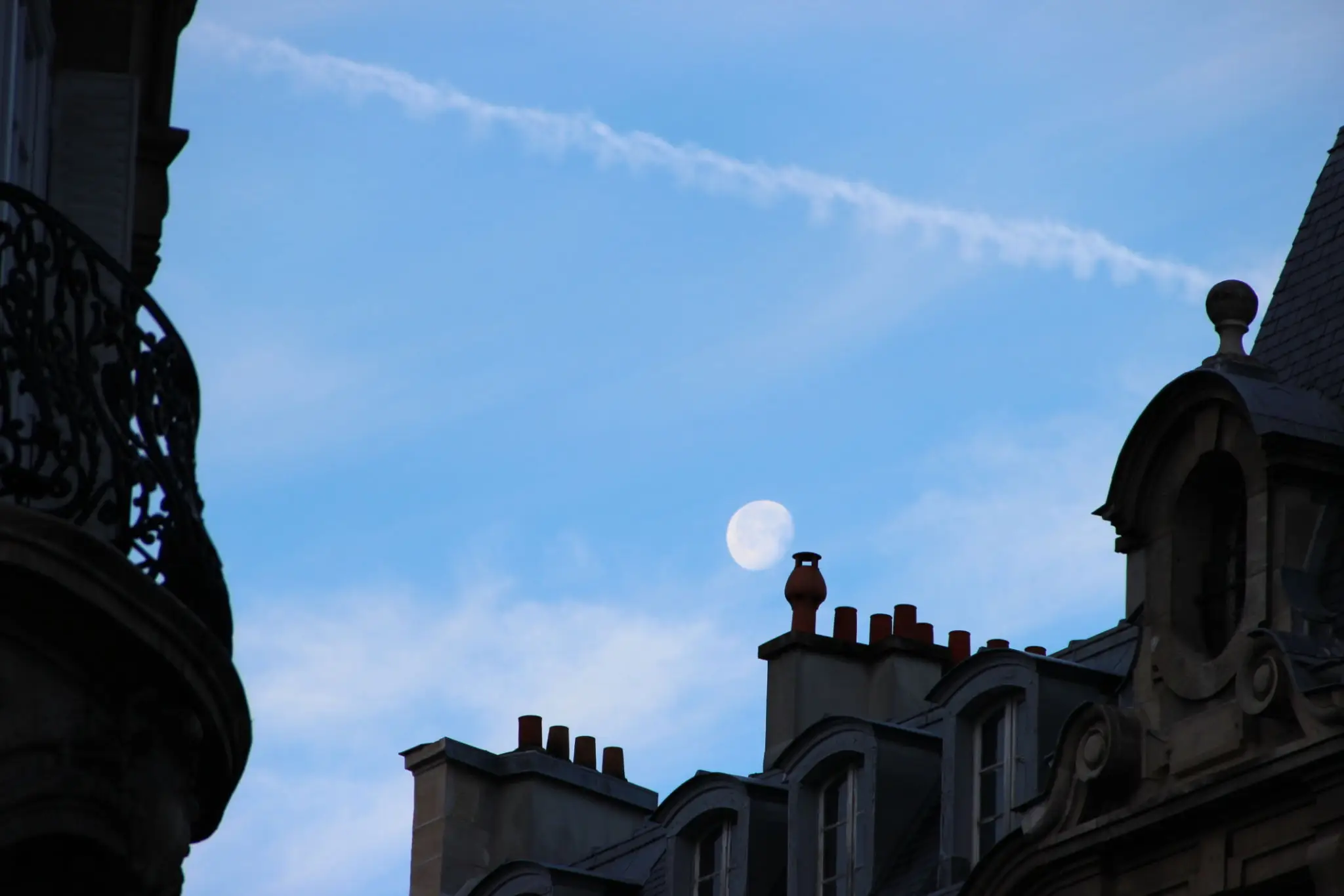 Blue sky above ornate building rooftops