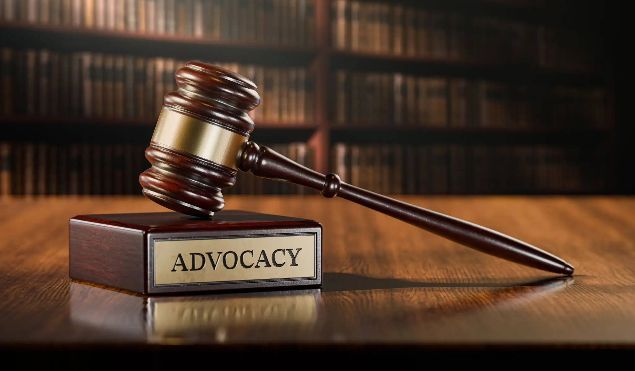 Advocacy gavel on wooden table